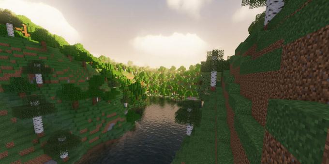Zrzut ekranu przedstawiający świat Minecrafta z niestandardowymi shaderami.