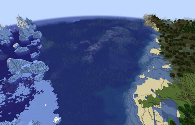 Mundo Minecraft com biomas diversos e próximos.